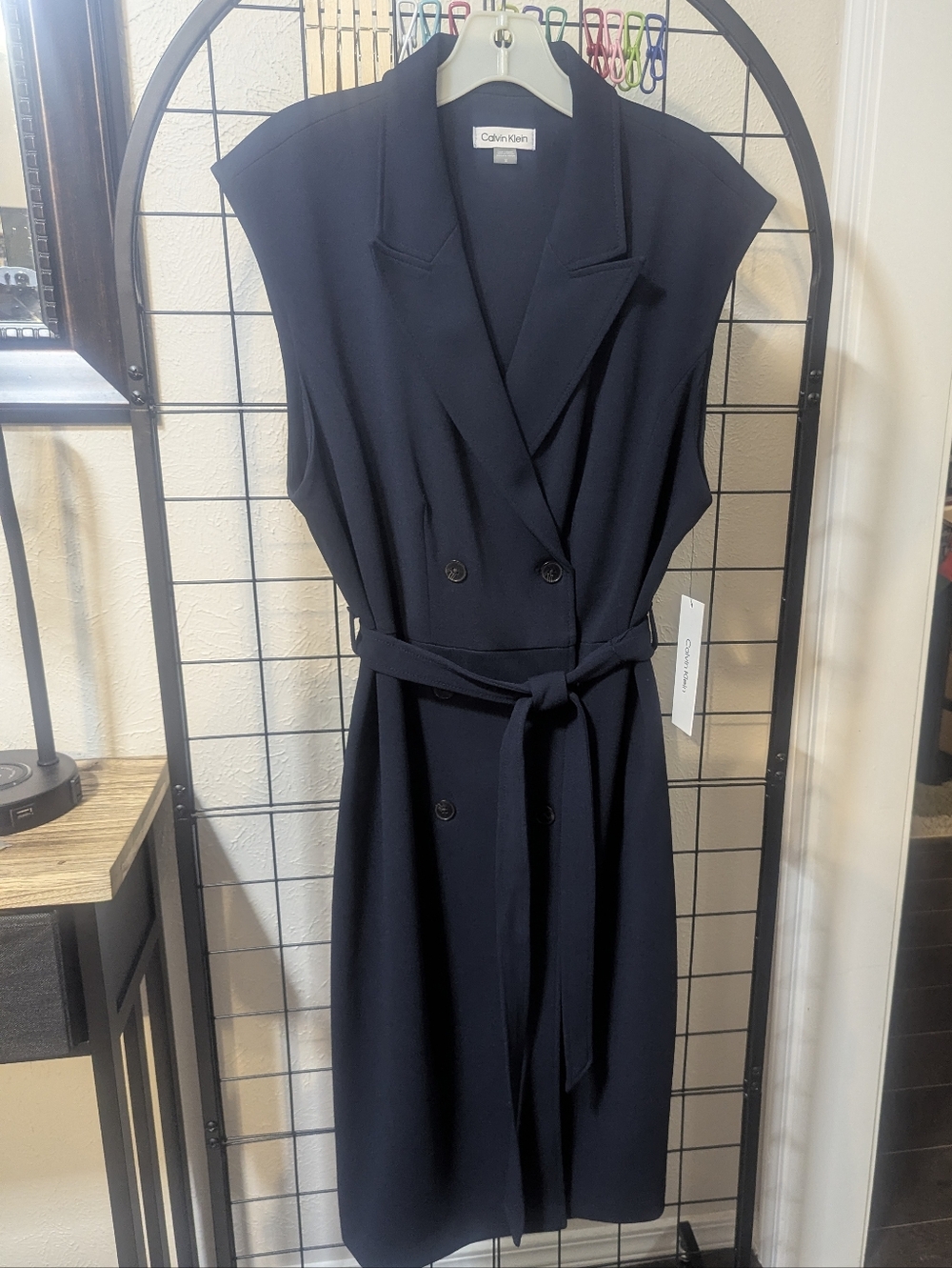 Calvin Klein Navy Sleeveless Belted Double-Breasted Midi Dress NWT Sz 14